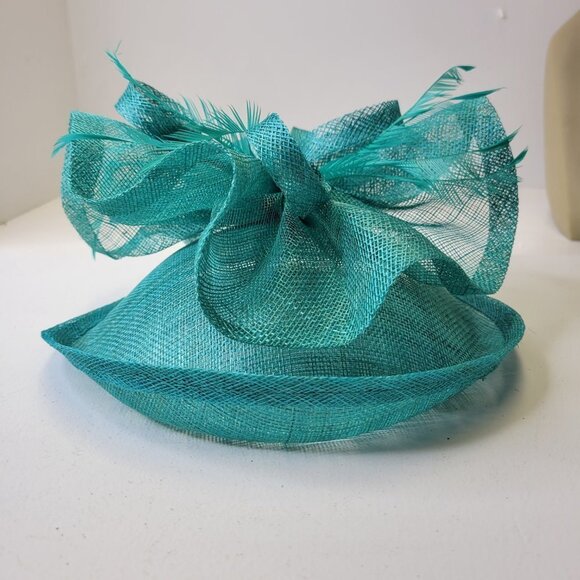 Teal Blue Fascinator with an Upturned Brim Sinamay Loops Rosettes and Feathers - Picture 3 of 16